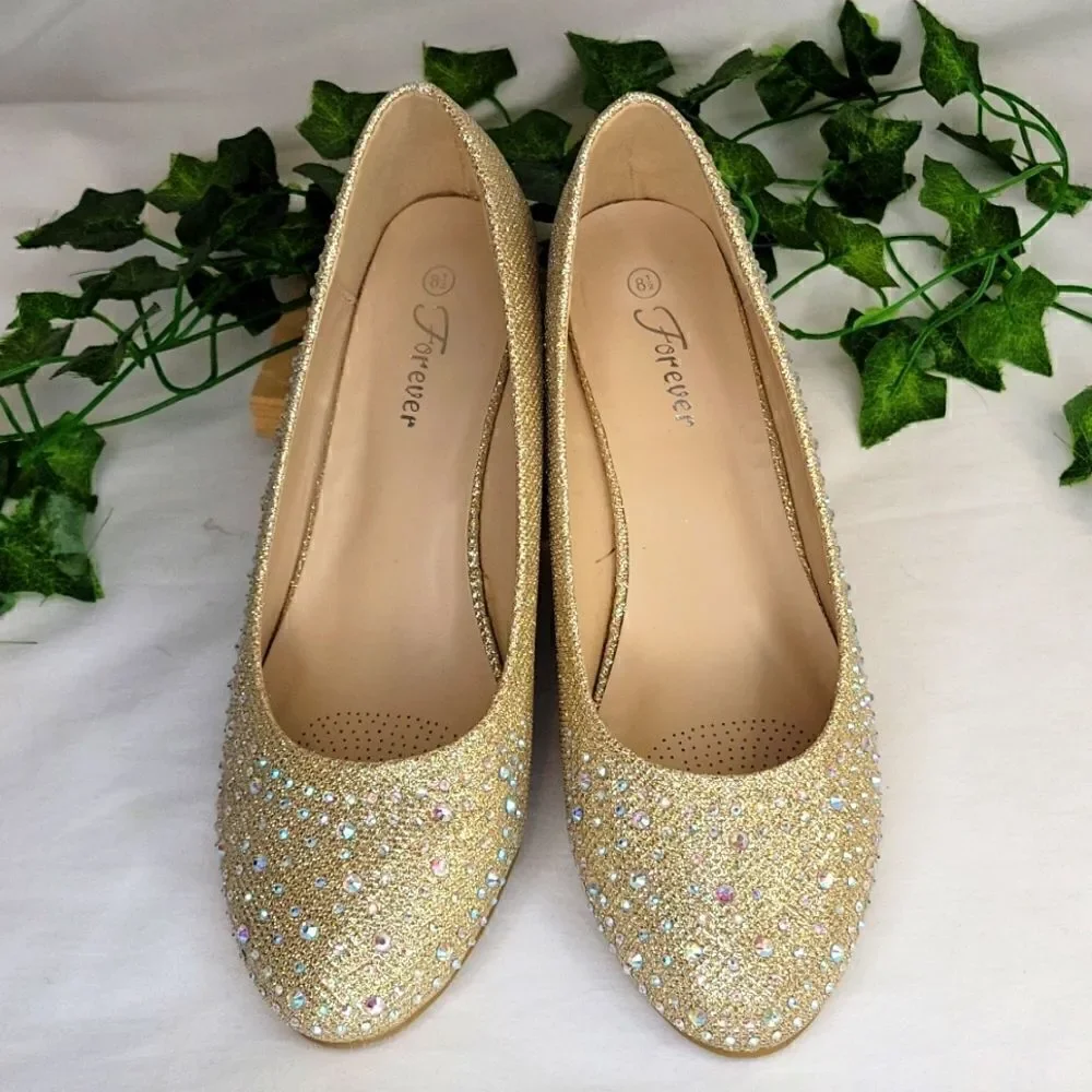 Forever. Amazon Purchase. Champagne/Gold Rhinestones. Wedge. Size 8.5. NWOT